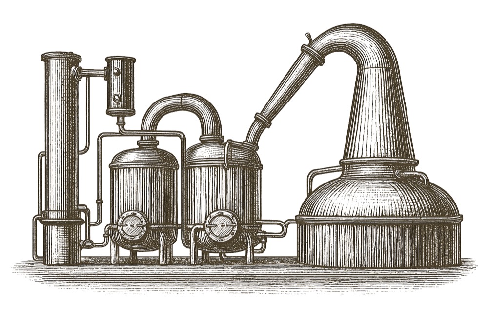 Intaglio etching of a copper pot still