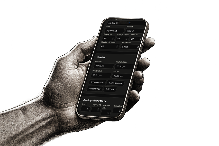 Etched hand holding a phone running the mystill.co run logger